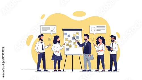 Business team planning strategy with sticky notes on whiteboard