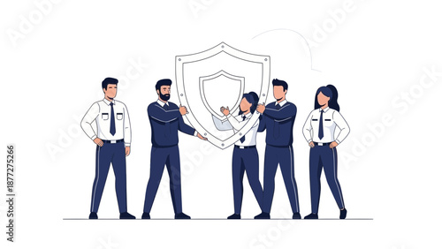 Teamwork protecting shield, business security concept illustration