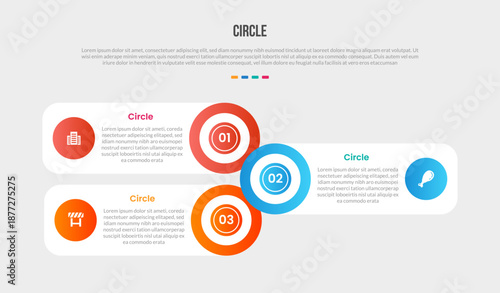 Circle base shape infographics gradient template diagram with round rectangle stacked opposite direction with circle edge with 3 point step creative