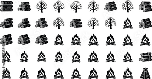 Fire preparation icon set, logs, trees, campfires, kindling silhouettes, black and white illustration, resource transformation graphic
