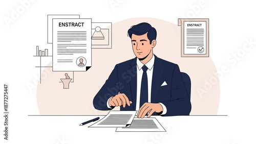 Businessman signing contract, document, agreement, legal, business meeting, office work, illustration