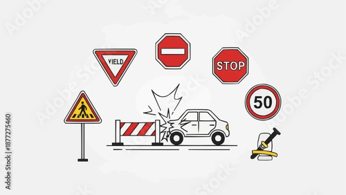 Collection of traffic signs and car accident illustration.