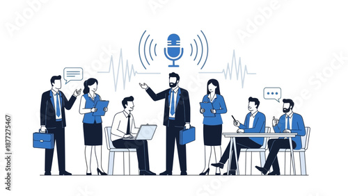 Business meeting with audio recording and communication concept