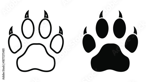 Black animal paw print icon set on white background