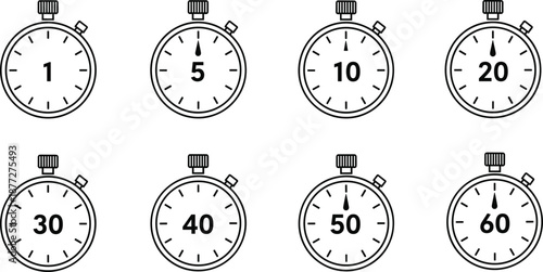 Stopwatch timer icon set showing seconds countdown from one to sixty for time measurement, sports training, and flat vector design
