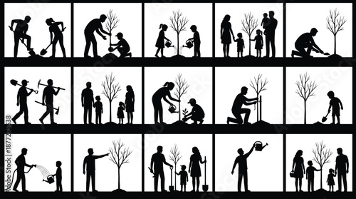 Silhouettes of people planting and caring for trees, promoting environmental awareness, sustainability, and community involvement in nature conservation and ecological education