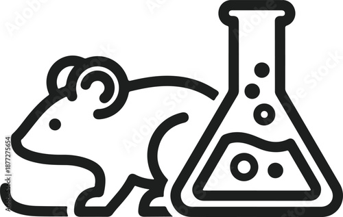 Scientific Research and Experiment: A black and white depiction of a laboratory mouse and conical flask, symbolizing scientific experimentation and research.