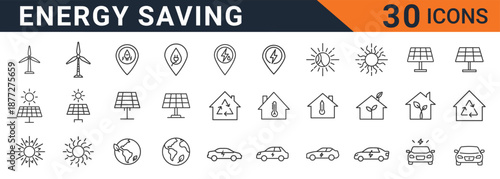 A comprehensive collection of thirty minimalist vector graphic icons detailing sustainable energy concepts including wind turbines, solar panels, electric vehicles, and eco-friendly building designs.