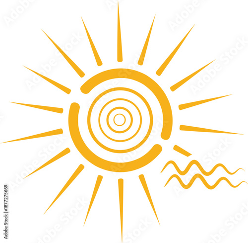 Abstract sun symbol illustration with radiant rays and heat waves representing summer energy, sunshine concept, and minimal flat vector design
