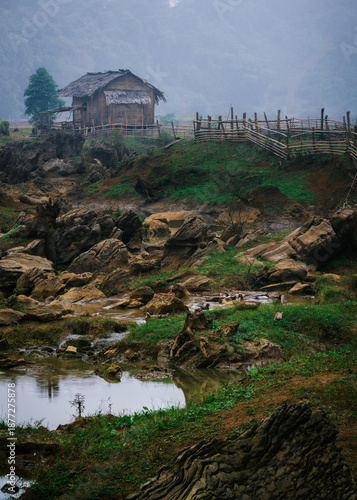 Moc Chau district, Son La province, Vietnam. A pristine landscape view of Ta Phenh primitive village, locally known as the Standing Stone Village (Lang Da Dung), 