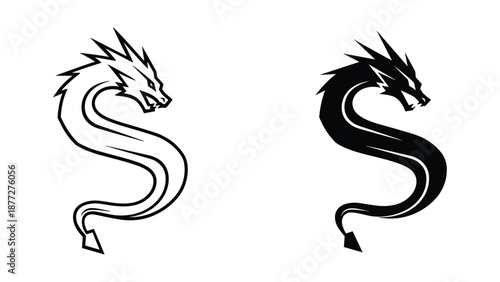 Black and white dragon logo design on white background