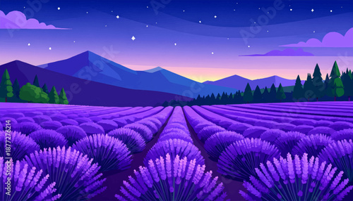 Scenic lavender field under a starlit sky with distant mountains and silhouetted trees, evoking tranquility and natural beauty