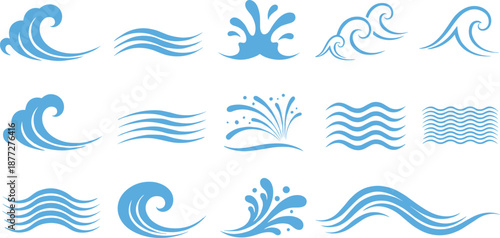 Blue water wave icon set with ocean splash symbols representing sea motion, fluid dynamics, and clean flat vector illustration design
