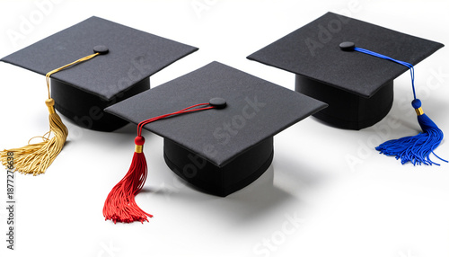 Collection of academic caps with colorful tassels signifying graduation achievement