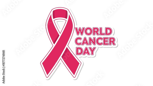 World Cancer Day" pink ribbon illustration symbolizing global cancer awareness, support, hope, and medical solidarity for health advocacy and research efforts