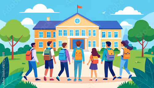 Diverse group of happy students with backpacks walking confidently towards a vibrant school building, symbolizing education, new beginnings, and the exciting journey of learning and discovery ahead