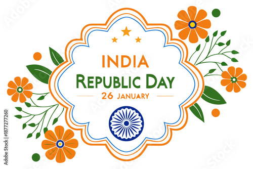 India Republic Day Holiday Banner with Tricolor Flowers and Ashoka Chakra on transparent Background . Indian republic day 26 January Vector Illustration on transparent Background.