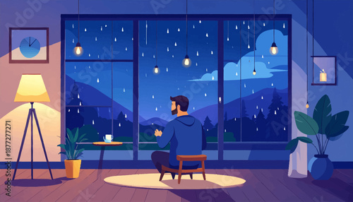 Rainy Season Illustration Scene with People and Nature in Calm Atmosphere