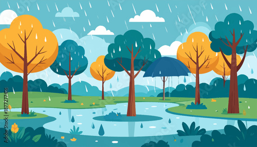 Rainy Season Illustration Scene with Nature in Calm Atmosphere