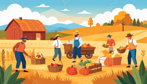 Vibrant autumn harvest scene depicting diligent farmers gathering a bountiful array of fresh crops like pumpkins and apples in sun-drenched rural fields amidst rolling hills and a classic barn