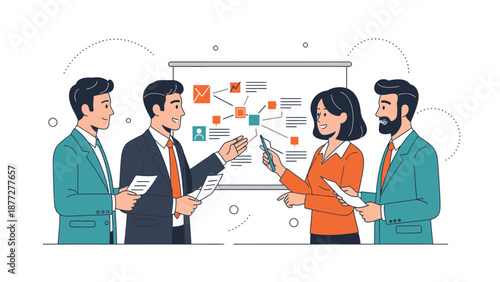 Business Team Collaborating on Project Strategy at Whiteboard