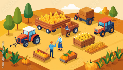 Harvest Season isometric Illustration Scene with Farmers and Crops in Warm Autumn Landscape