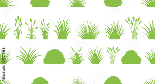 Grass and bush silhouette set with various green plants representing landscape elements, garden design, and natural vector assets