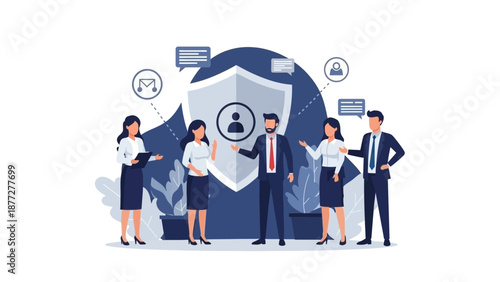 Business Security Team Protecting Customer Data with Shield Icon - Vector Illustration