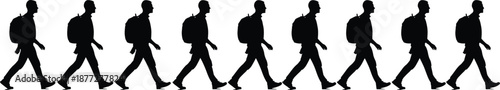 Walking silhouette sequence with backpack, motion study illustration, black and white design, animation frame reference, minimal movement icon