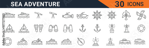 A comprehensive vector graphic set showcasing thirty essential line art icons dedicated to diverse sea adventure themes including nautical exploration and maritime activities.