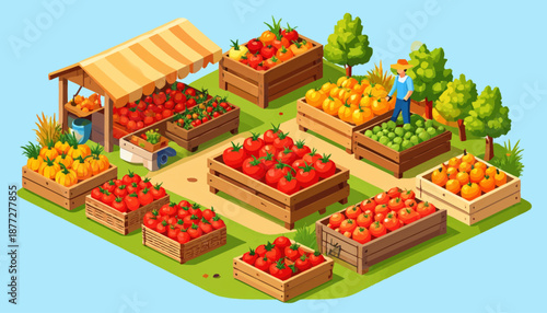 Harvest Season isometric Illustration Scene with Farmers and Crops in Warm Autumn Landscape