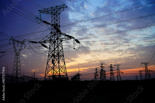 Pylon, high-voltage tower sky background.