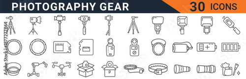 Collection of thirty line art vector graphic icons representing essential modern photography gear, including lighting, support, storage, and power accessories for visual creators.