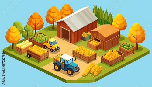 Harvest Season isometric Illustration Scene with Farmers and Crops in Warm Autumn Landscape