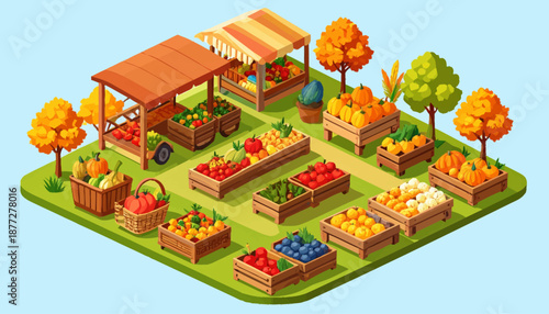 Harvest Season isometric Illustration Scene with Farmers and Crops in Warm Autumn Landscape