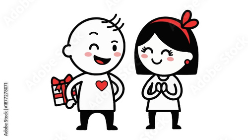 Cute flat vector illustration of a couple, male character hiding a gift box behind his back
