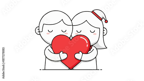 Cute flat vector illustration of a faceless couple holding a big red heart together