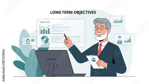 Businessman presenting long term objectives and strategy with charts and graphs