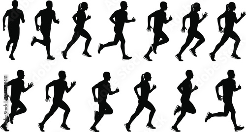 Running silhouette sequence, black and white athletic motion illustration, male and female runners, dynamic movement icon set, minimal design