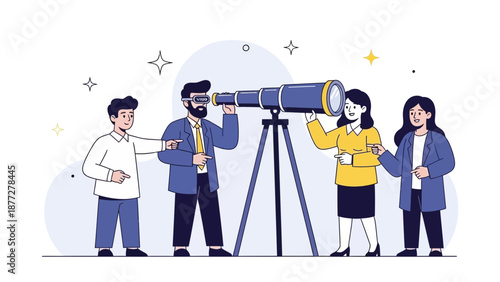 Team Looking Through Telescope for Future Vision and Business Goals