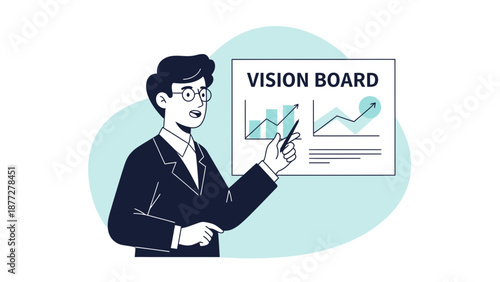 Man presents vision board with growth charts for business strategy and planning