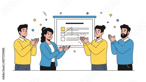 Team Applauding Presentation Success, Checklist on Whiteboard, Business Meeting