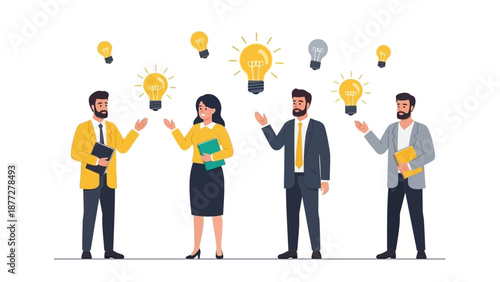 Diverse business team brainstorming ideas, innovation, creativity, teamwork, light bulbs