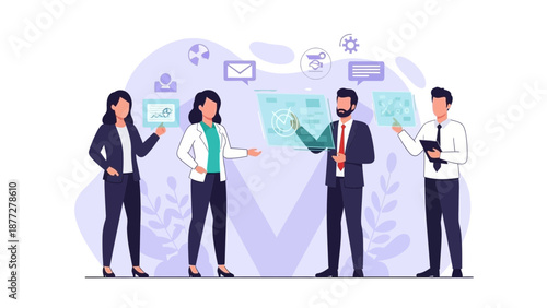 Business team collaborating on future technology and data visualization