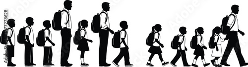 School children and adult walking silhouettes, educational growth progression, black vector illustration, editable design, isolated learning journey icon