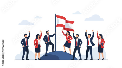 Team Celebration: Business People Raising Flag on Mountain Peak, Success Achievement