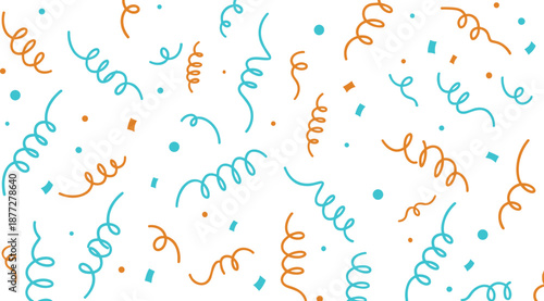 Playful seamless confetti pattern with colorful curly streamers and dots for festive background, party decor, and celebration design
