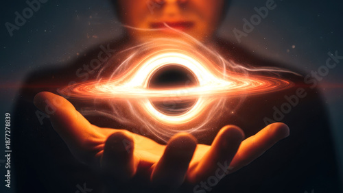 Man holding glowing black hole in hand concept of power and cosmos