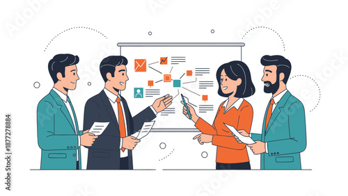 Business Team Collaborating on Project Strategy at Whiteboard