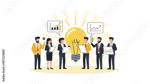 Teamwork and Innovation: Business People With Lightbulb Idea and Charts